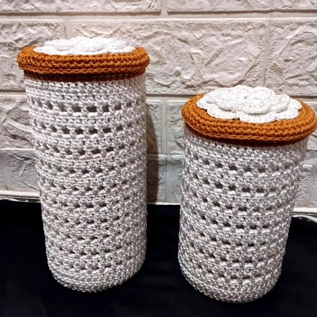 Stylish Crochet Jar Cover with Delicate White Pattern and Tan Trim