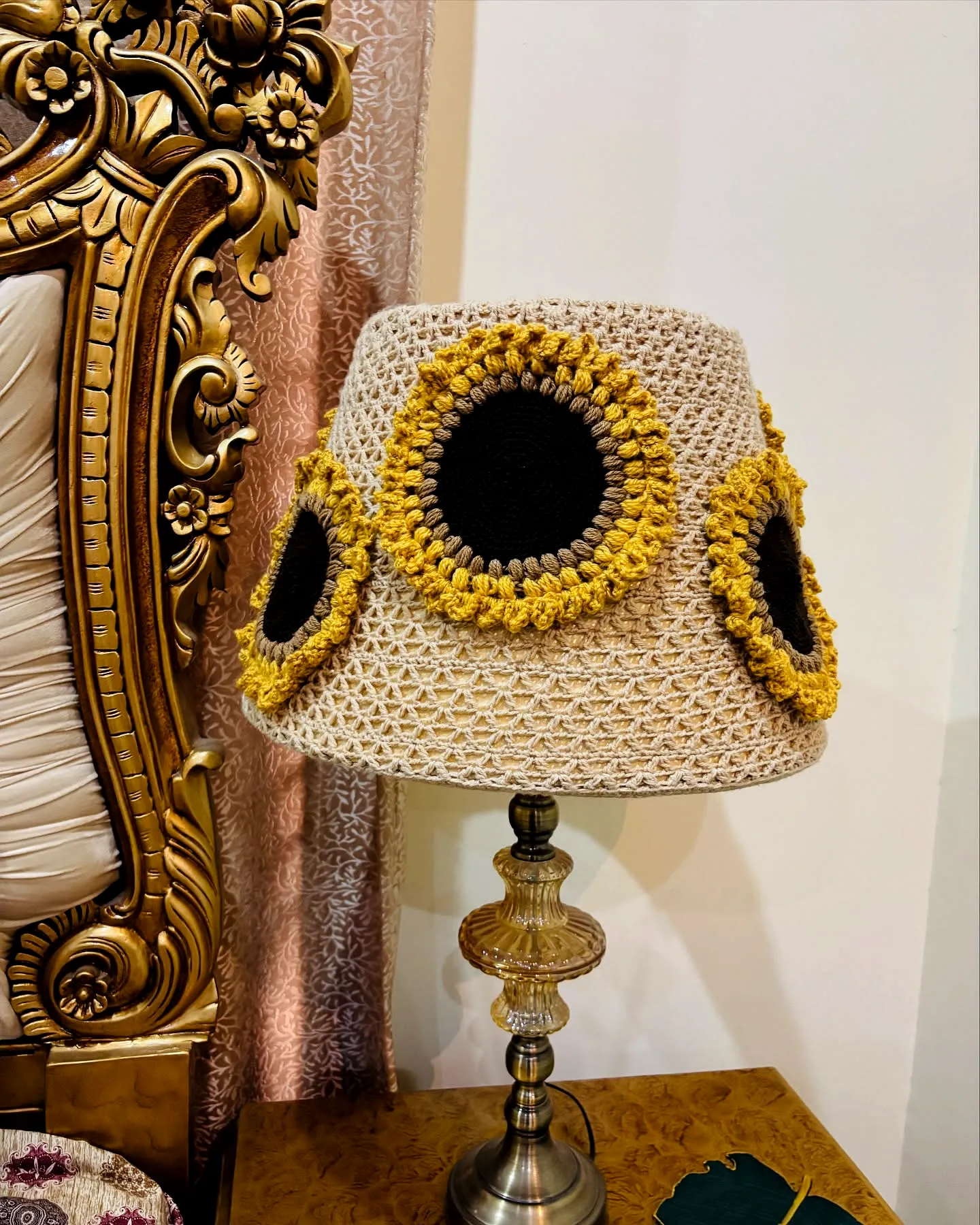 Stylish Crochet Lampshade in Bohemian Beige with Sunflower Motifs