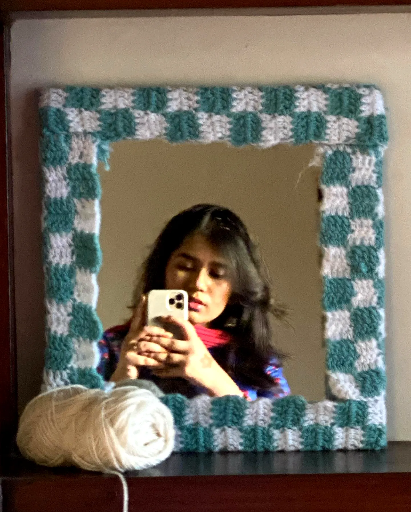 Stylish Crochet Mirror Frame in Turquoise and White Colors