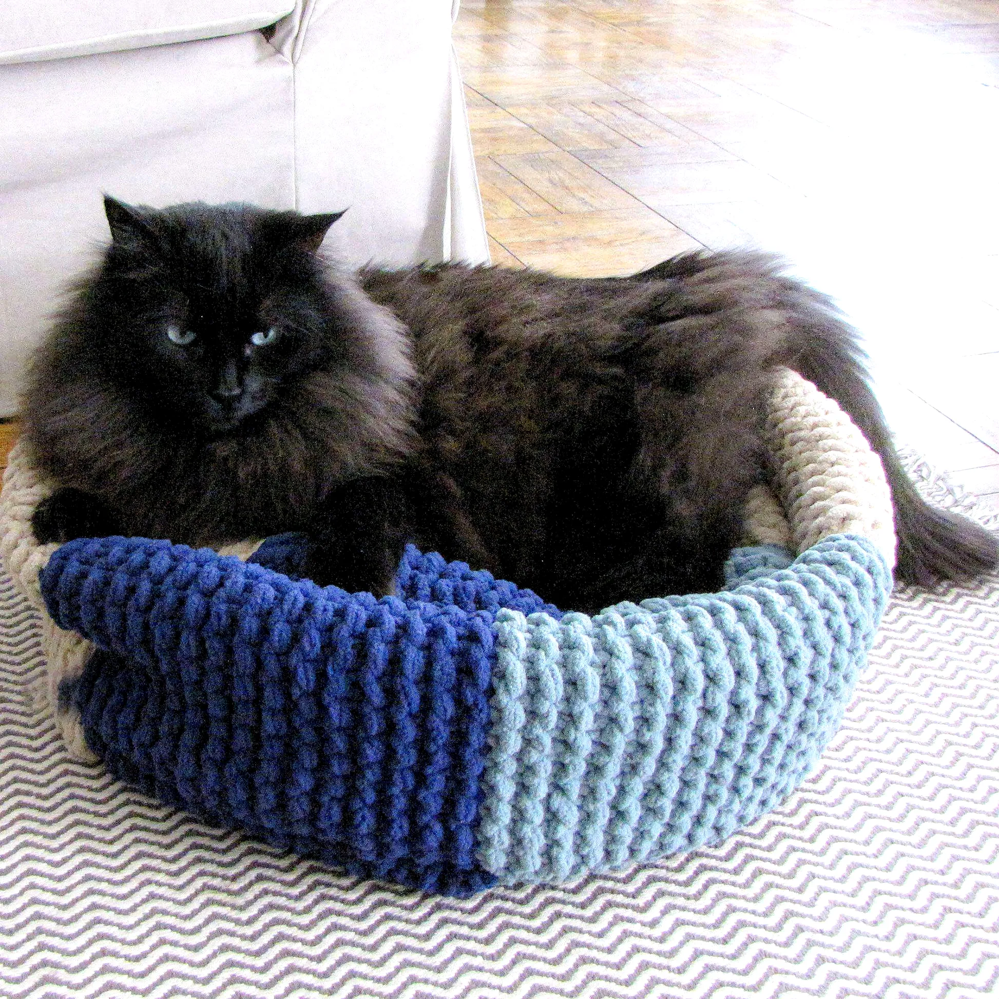 Stylish Crochet Pet Bed in Navy Light Blue and Cream