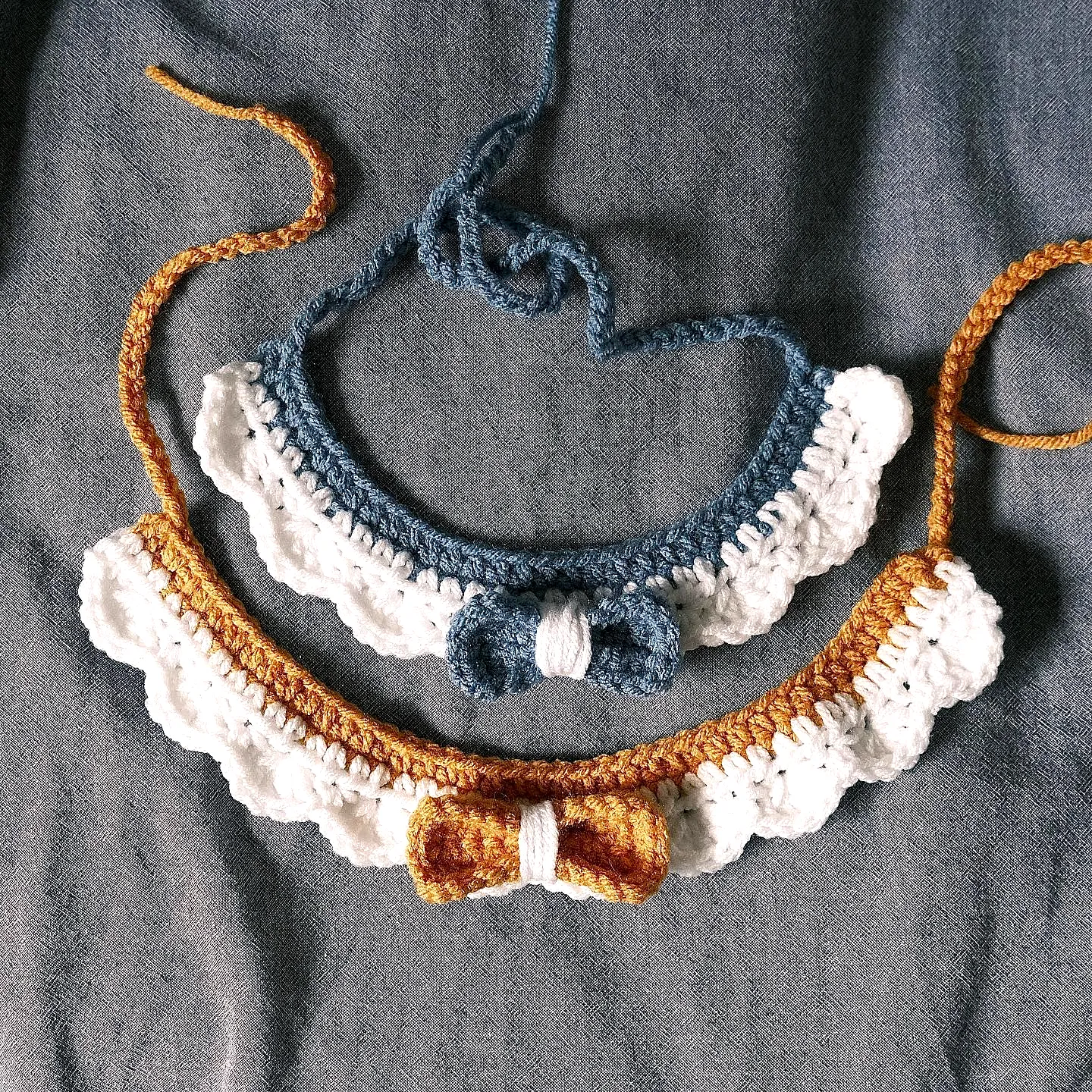 Stylish Crochet Pet Collar in Earthy Blues and Mustard Yellow