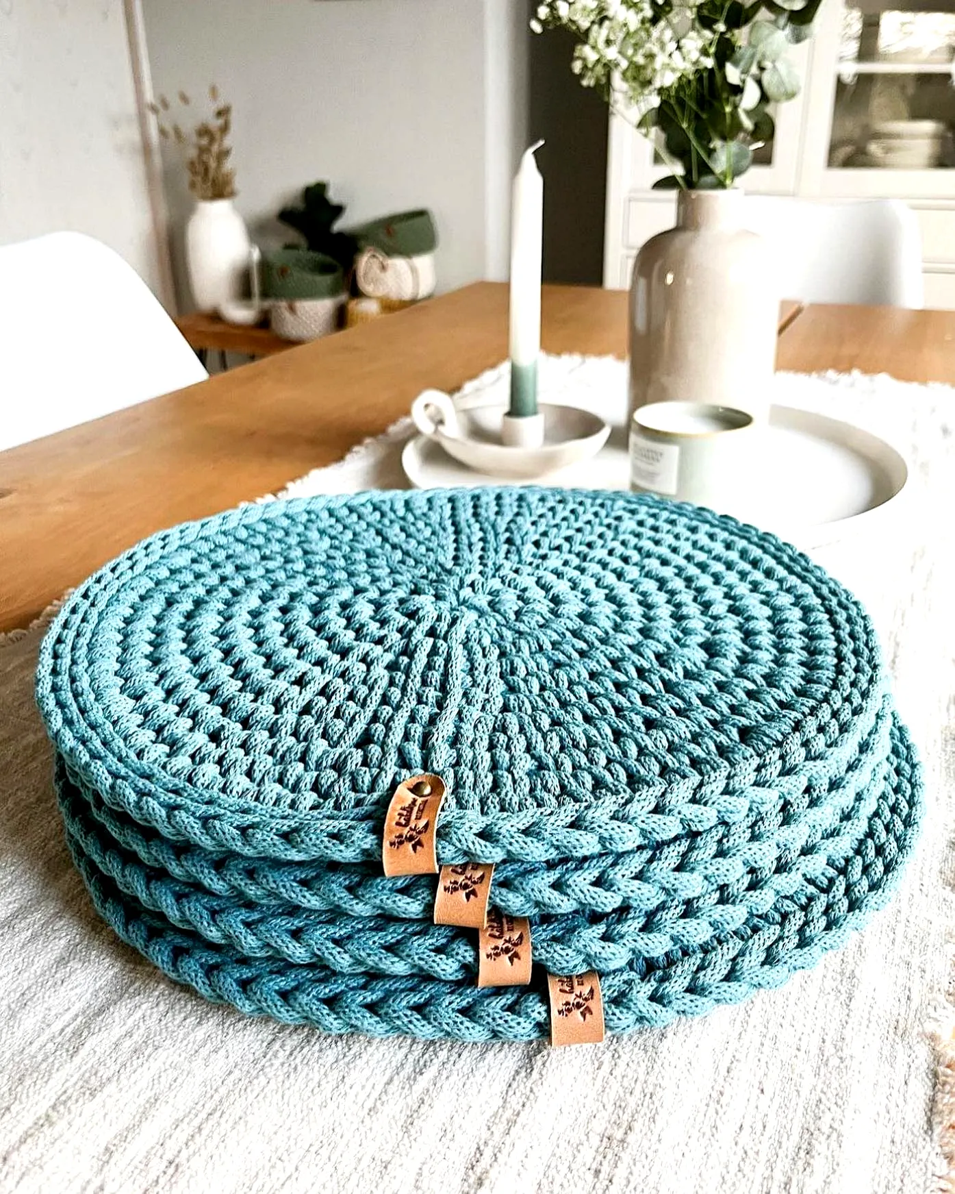 Stylish Crochet Place Mat in Calming Teal with Leather Tags
