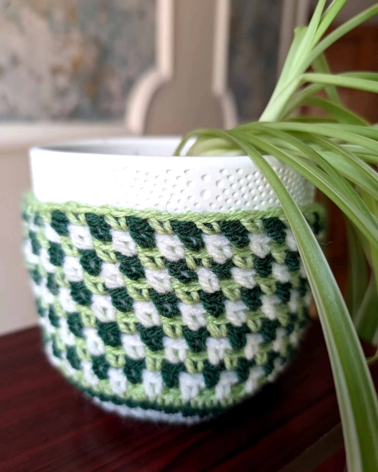 Stylish Crochet Plant Cozy in Checkerboard Green Pattern