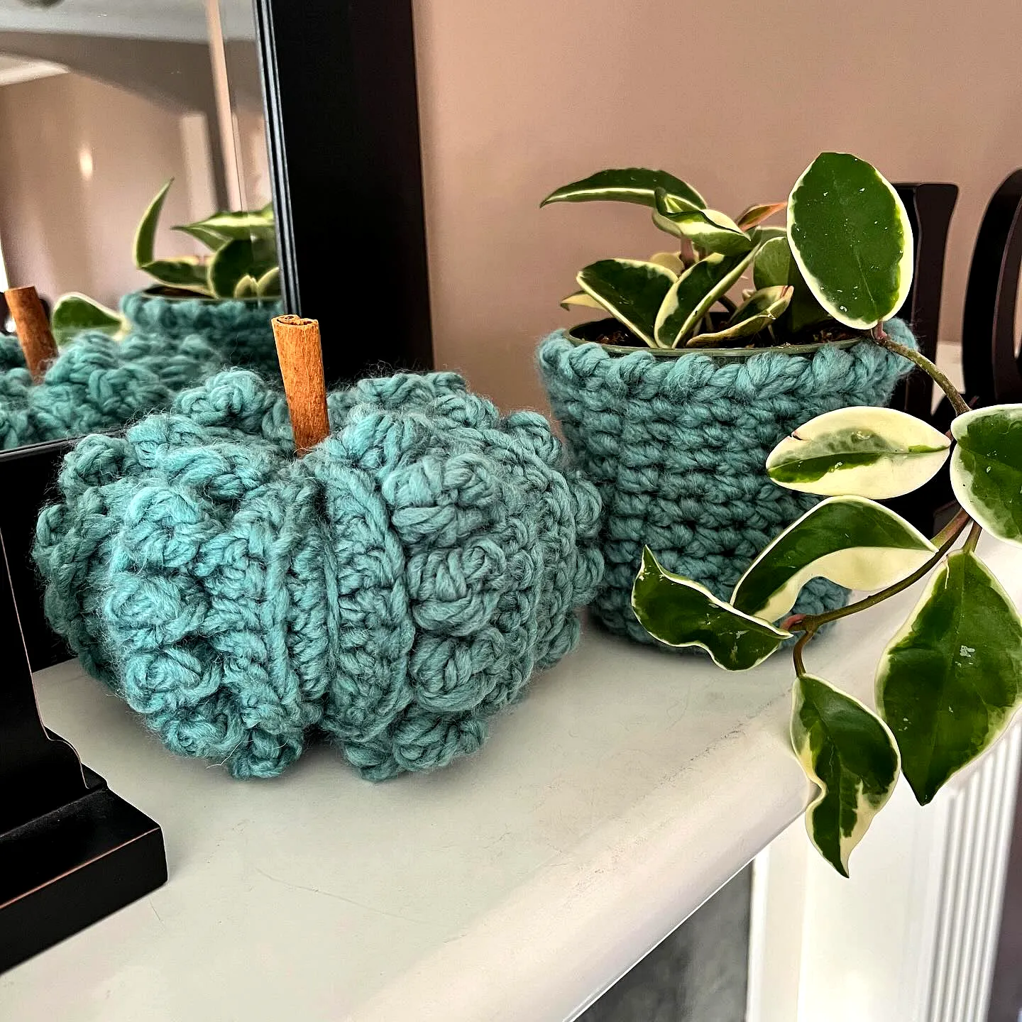 Stylish Crochet Plant Cozy in Soft Teal with Textured Design