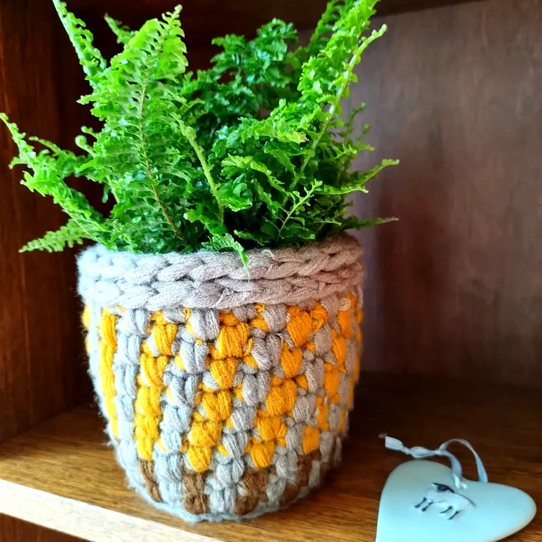 Stylish Crochet Plant Pot Cover in Grey and Mustard Yellow