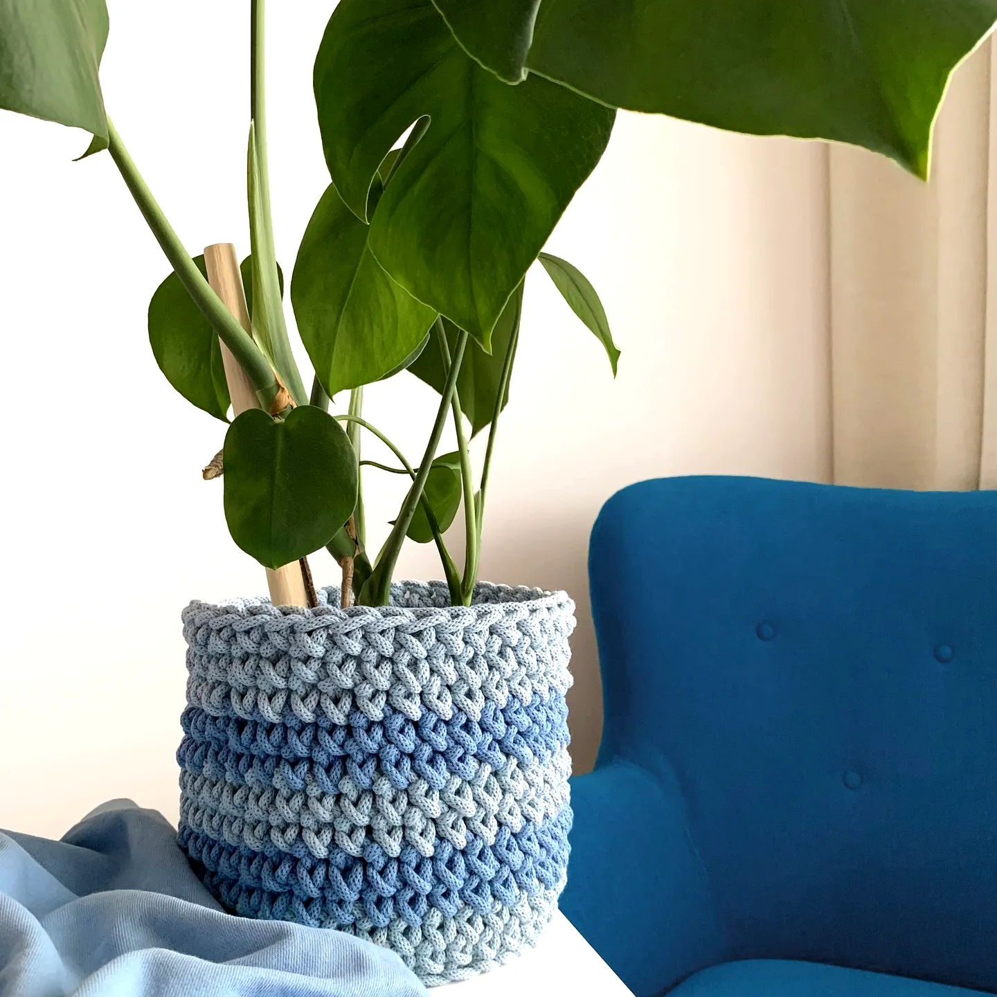 Stylish Crochet Plant Pot Cover in Striped Shades of Blue