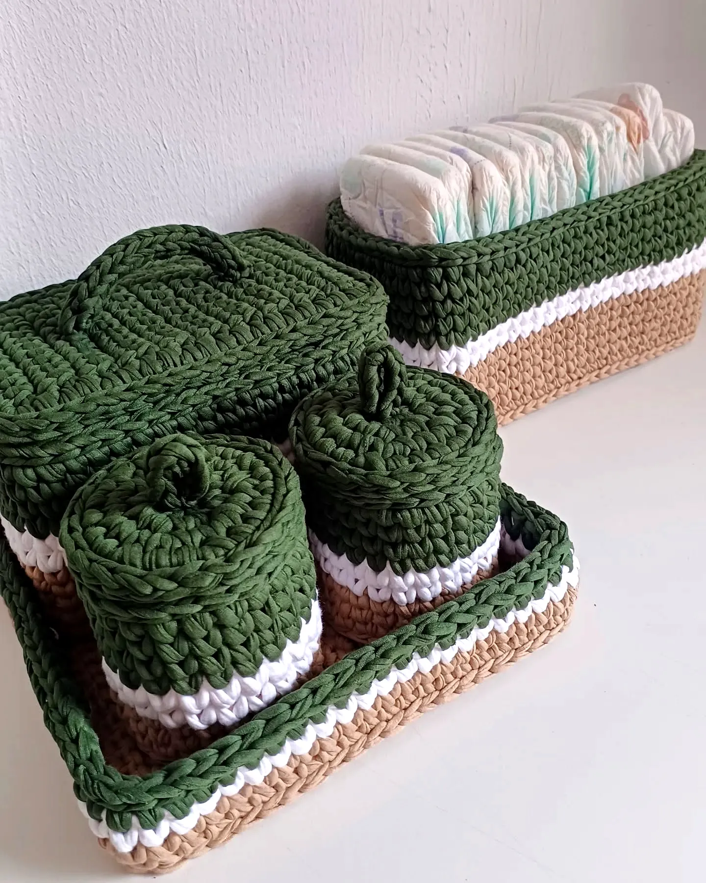 Stylish Crochet Storage Bin Set in Earthy Greens and Beiges