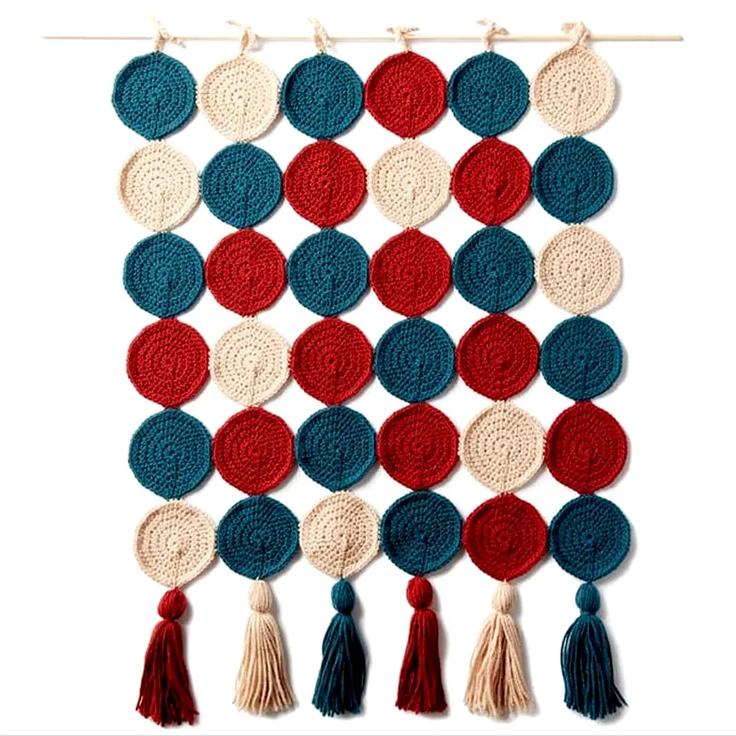 Stylish Crochet Wall Hanging in Deep Red Teal and Cream