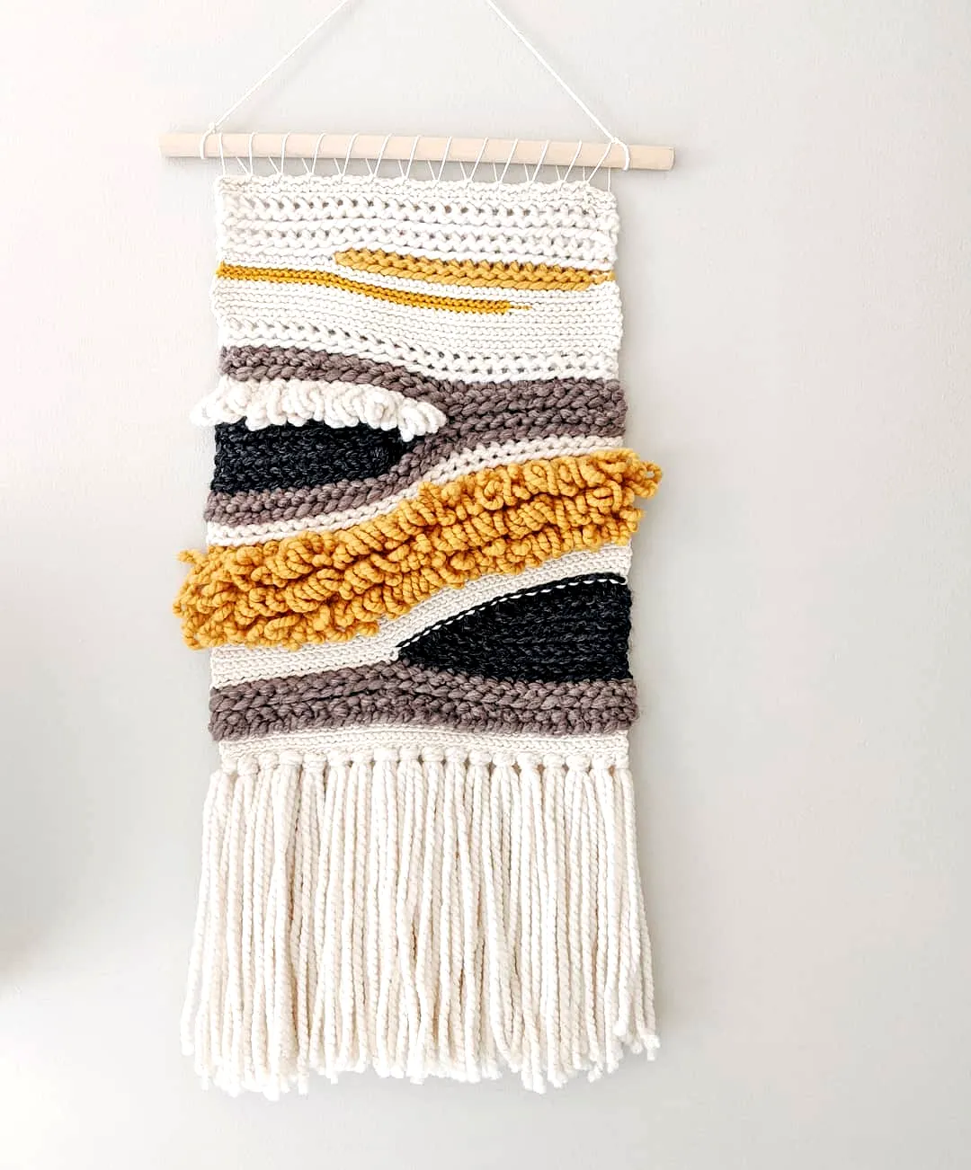 Stylish Crochet Wall Hanging in Mustard Yellow and Dark Gray