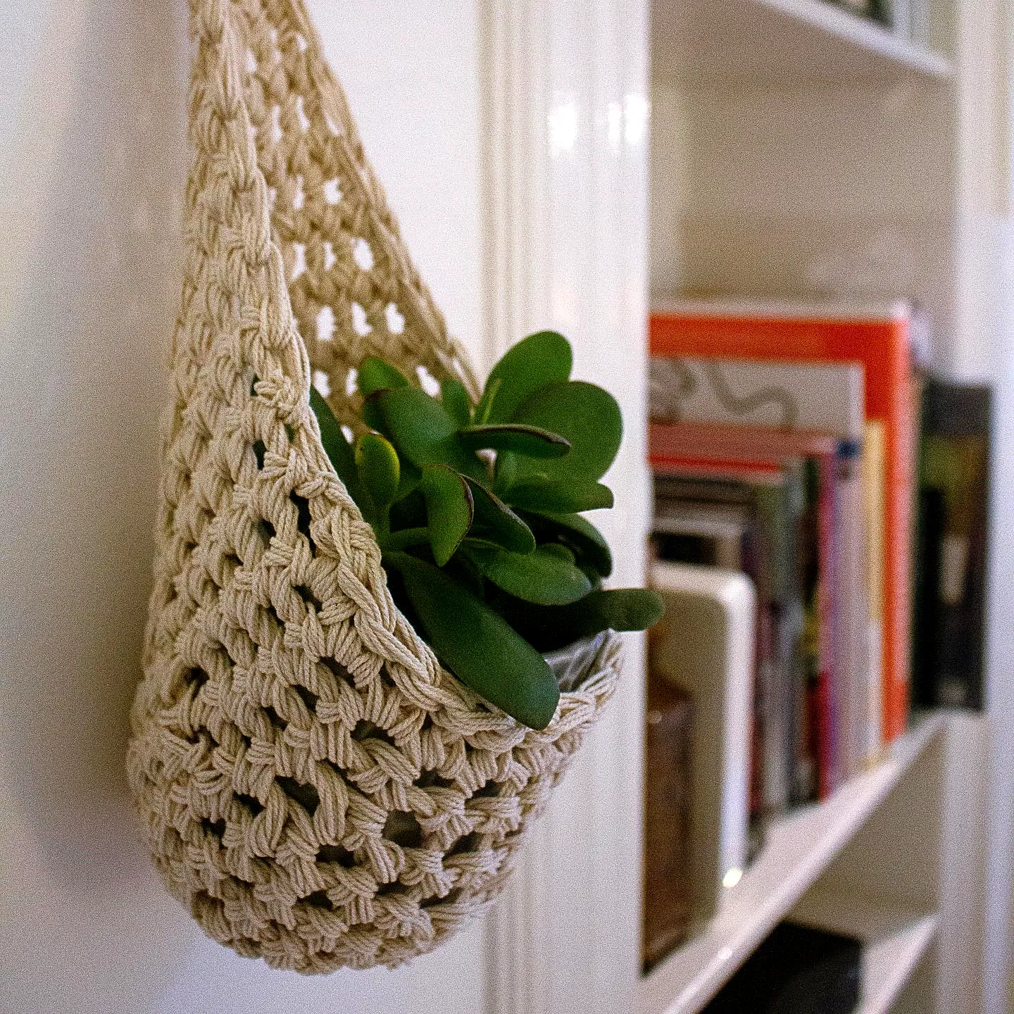 Stylish Intermediate Crochet Plant Hanger in Neutral Cotton