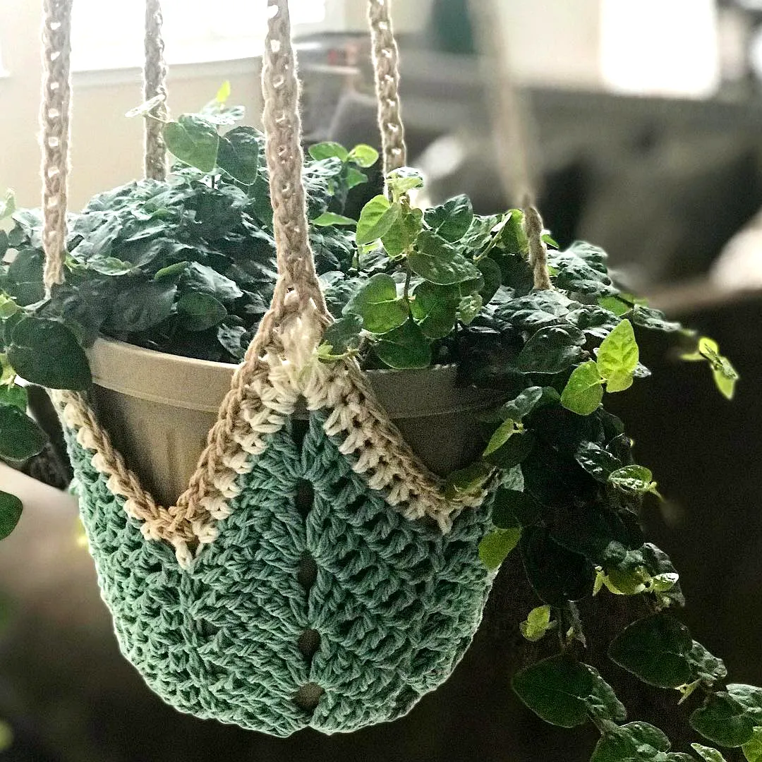 Stylish Mint Green Crochet Plant Hanger with Unique Buttons