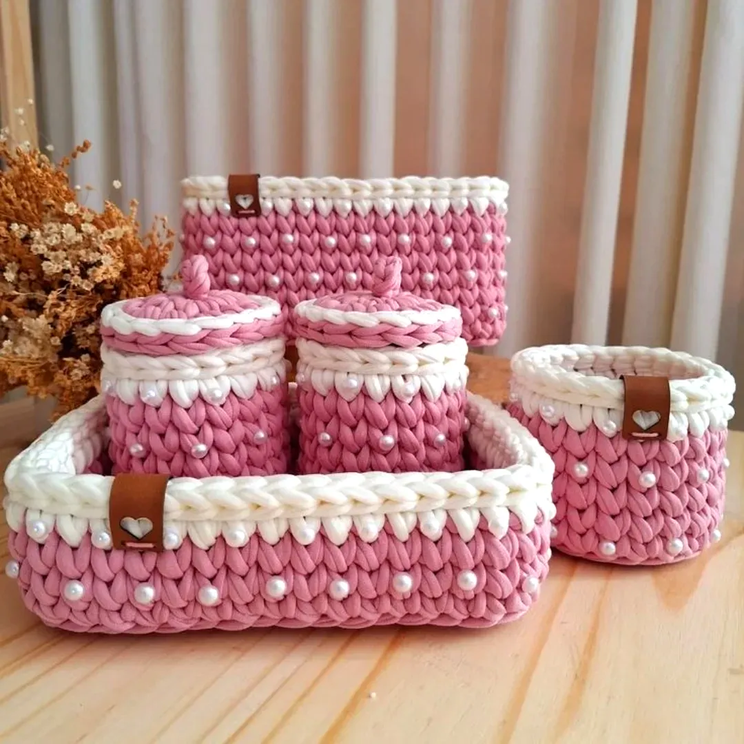 Stylish Pink and White Crochet Storage Bin Set for Organizing