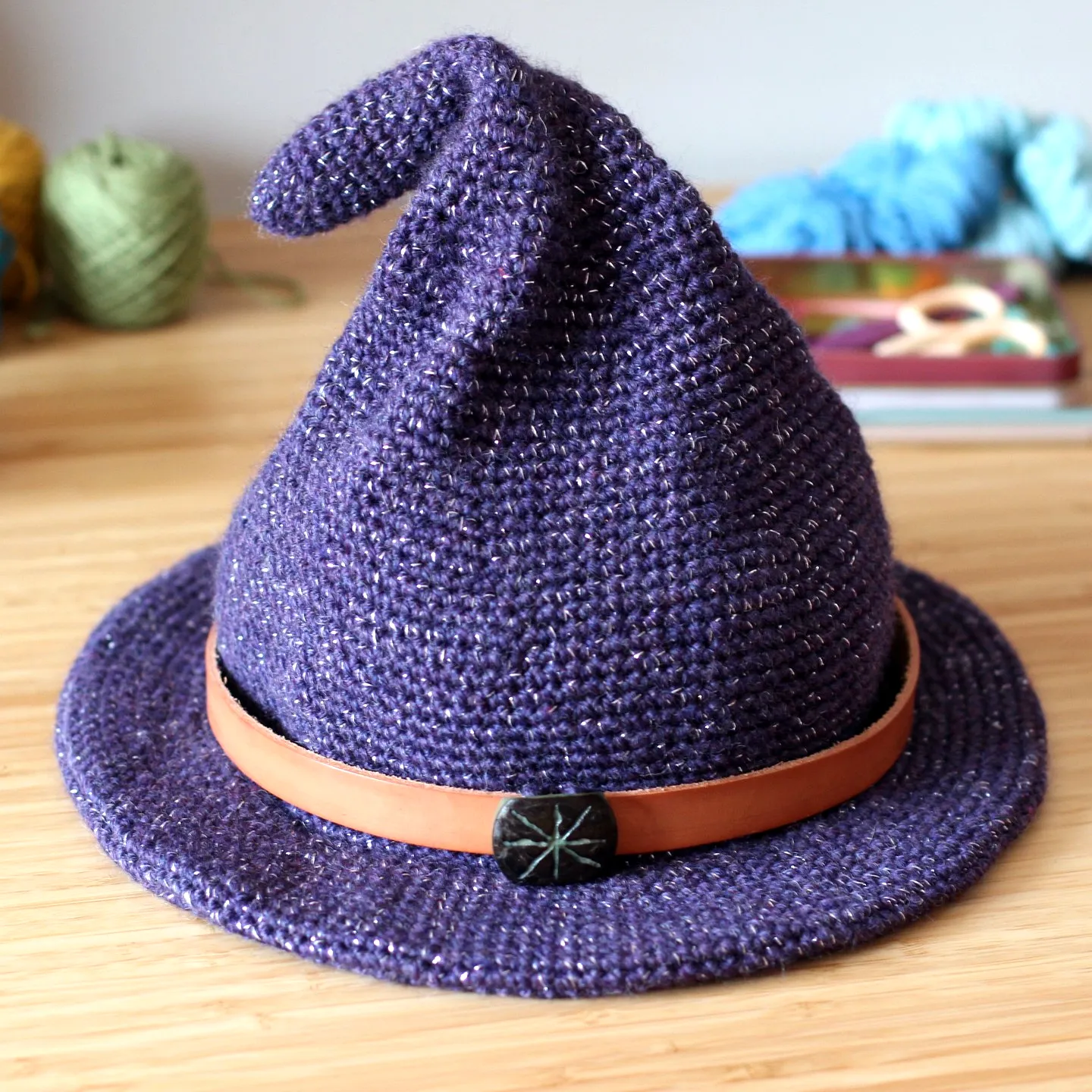 Stylish Purple Crochet Wizard Hat with Leather Band