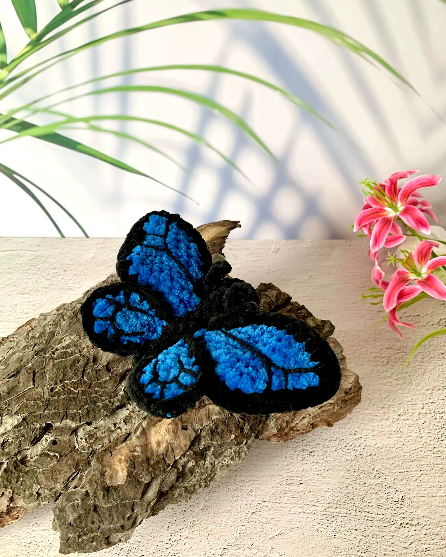 Vibrant Blue and Black Crochet Butterfly