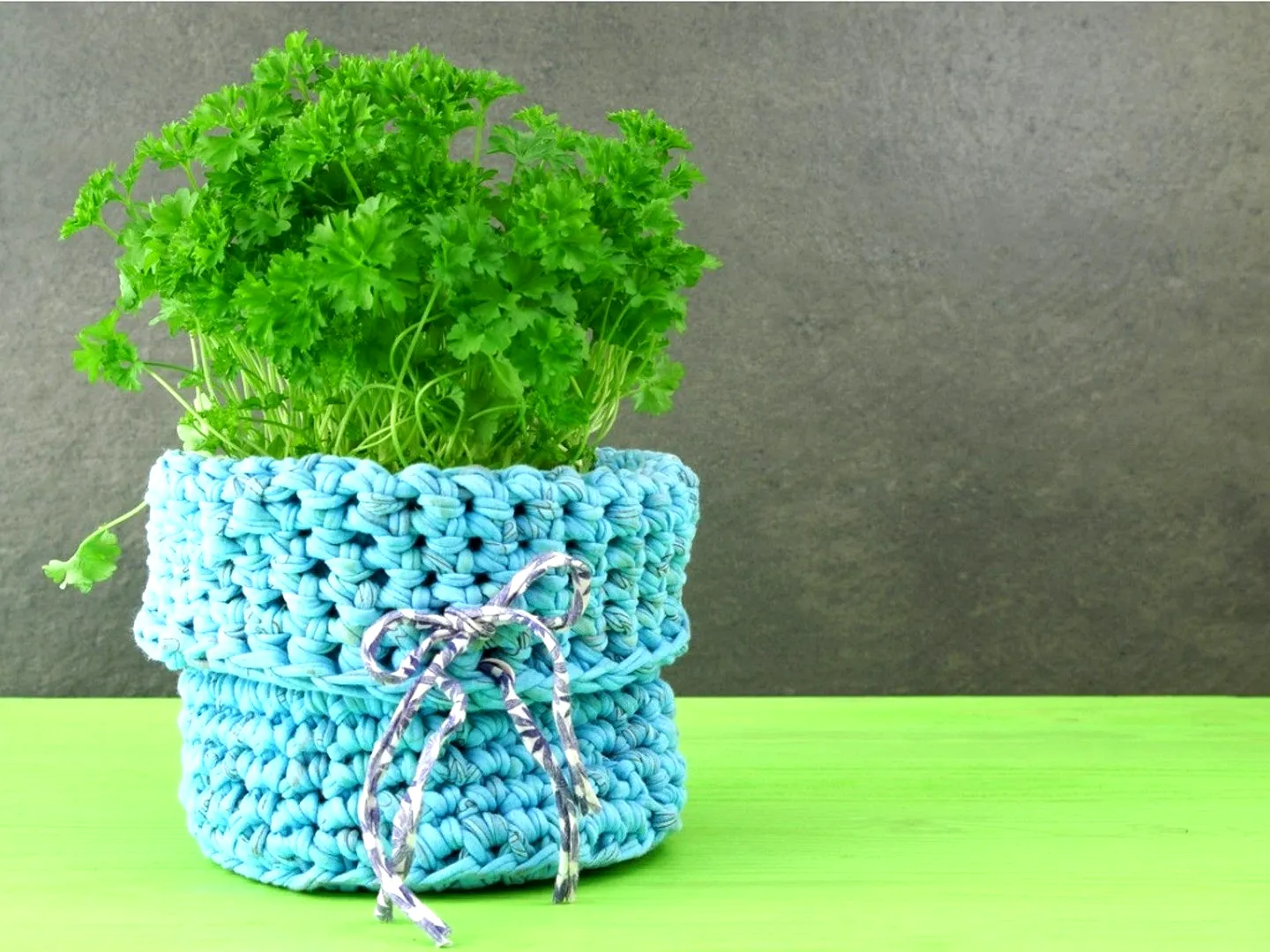 Vibrant Blue Crochet Plant Pot Cover with Stylish Tie