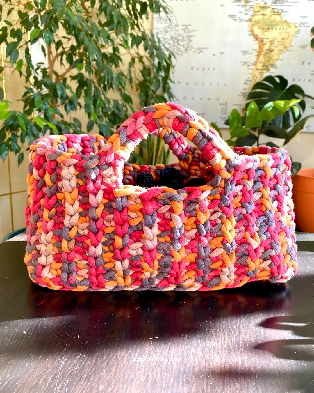 Vibrant Crochet Basket in Pink Orange and Purple