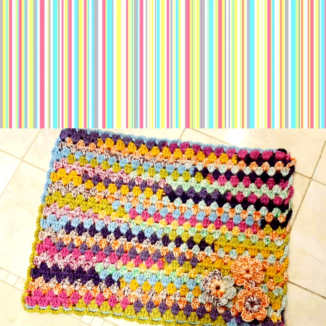 Vibrant Crochet Bath Mat with Colorful Stripes and Flowers
