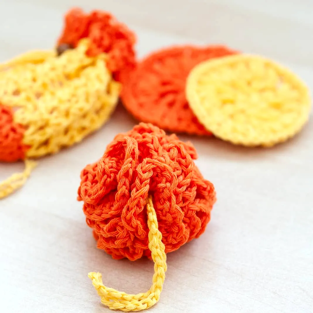 Vibrant Crochet Bath Pouf in Cheerful Orange and Yellow