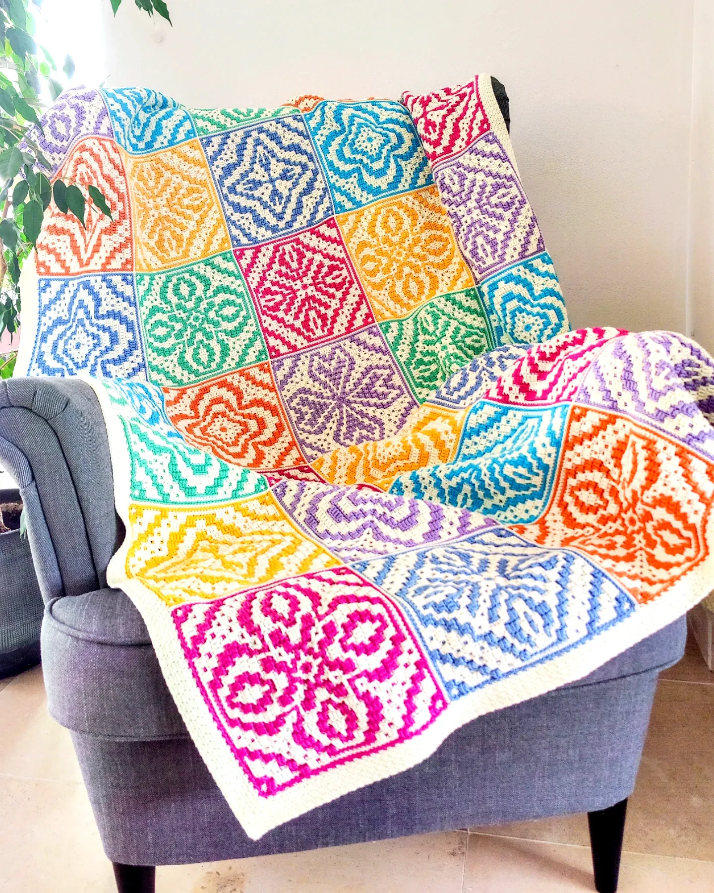 Vibrant Crochet Blanket in Colorful Patchwork Design
