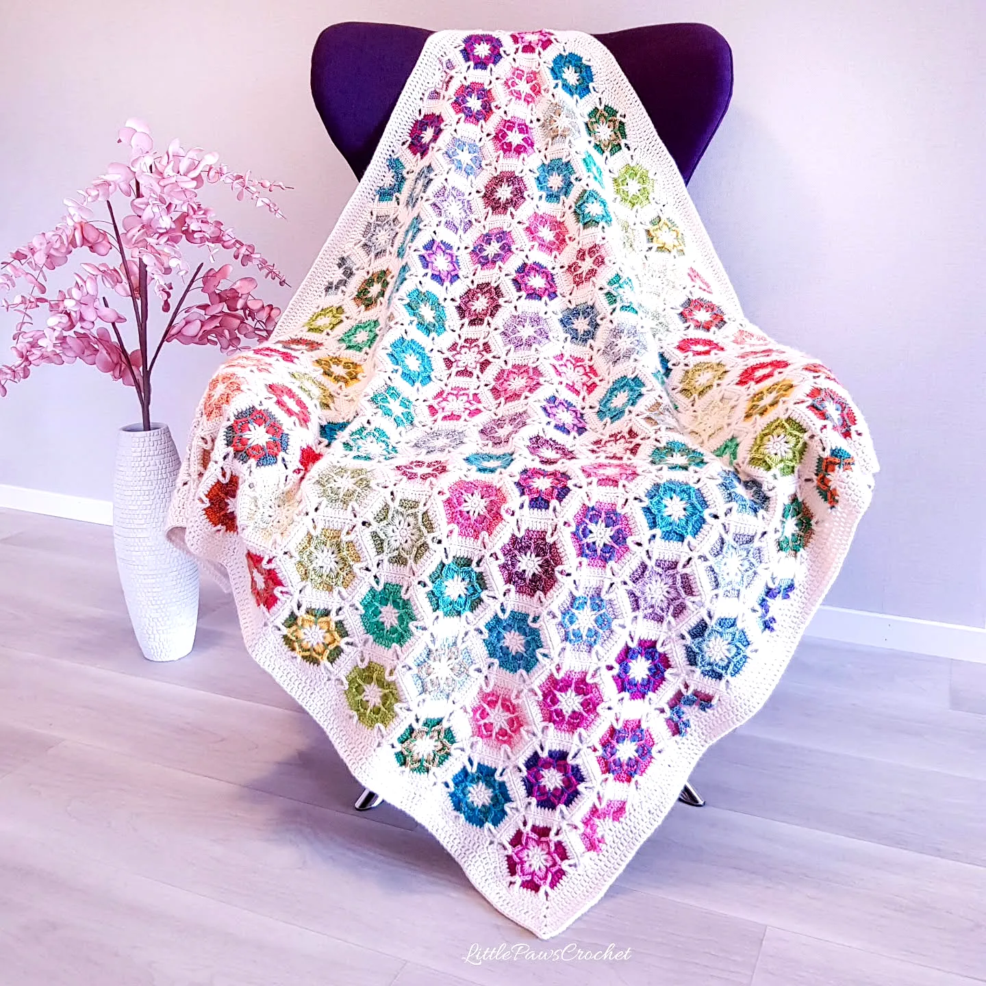 Vibrant Crochet Blanket in Floral Hexagonal Motifs