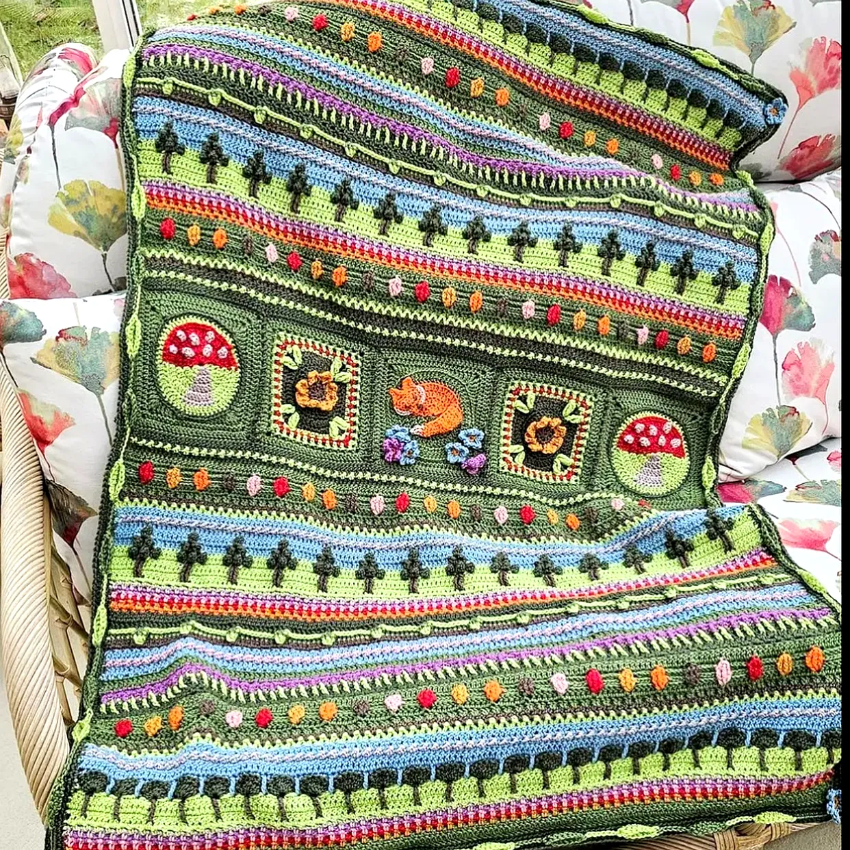Vibrant Crochet Blanket with Cute Nature Motifs for Advanced Crocheters