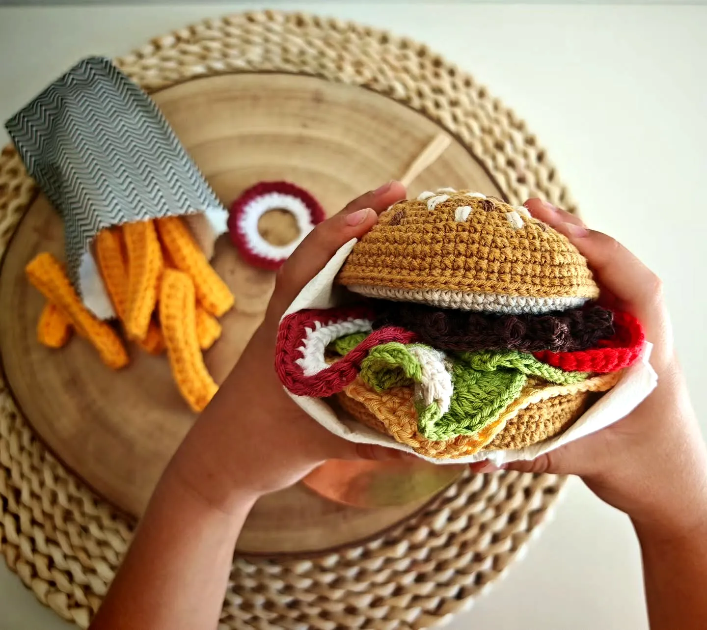 Vibrant Crochet Burger with Colorful Yarn and Crocheted Fries