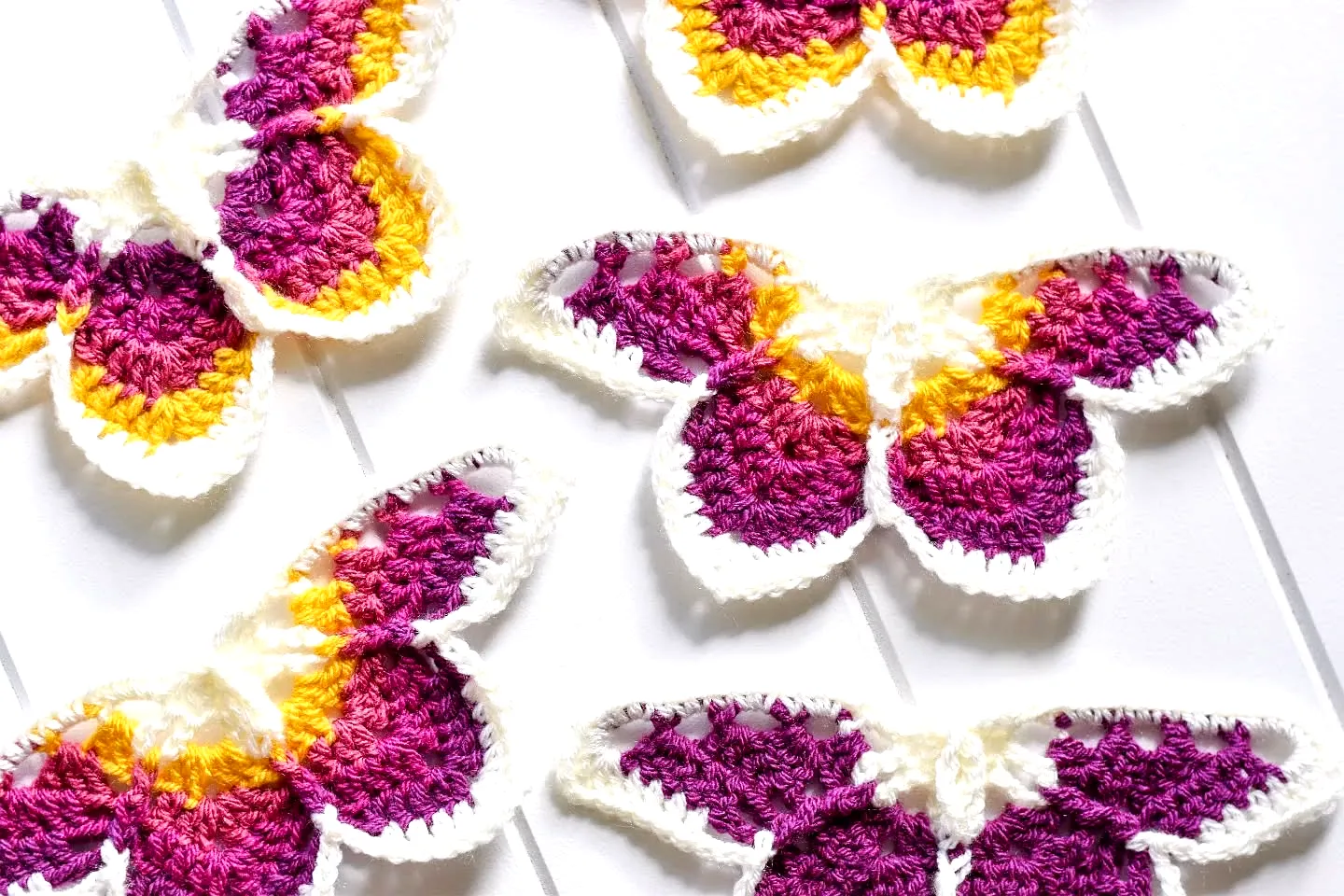 Vibrant Crochet Butterfly in Purple Yellow and White