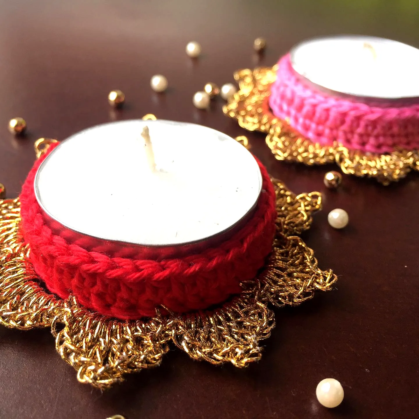 Vibrant Crochet Candle Holder in Red Pink and Gold for Intermediates