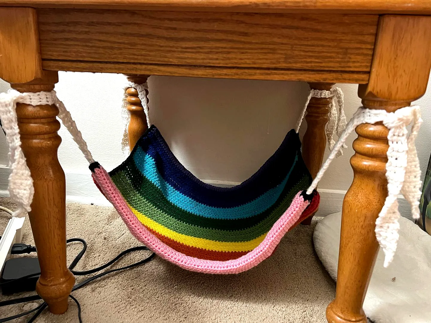 Vibrant Crochet Cat Hammock in Rainbow Colors for Cozy Lounging