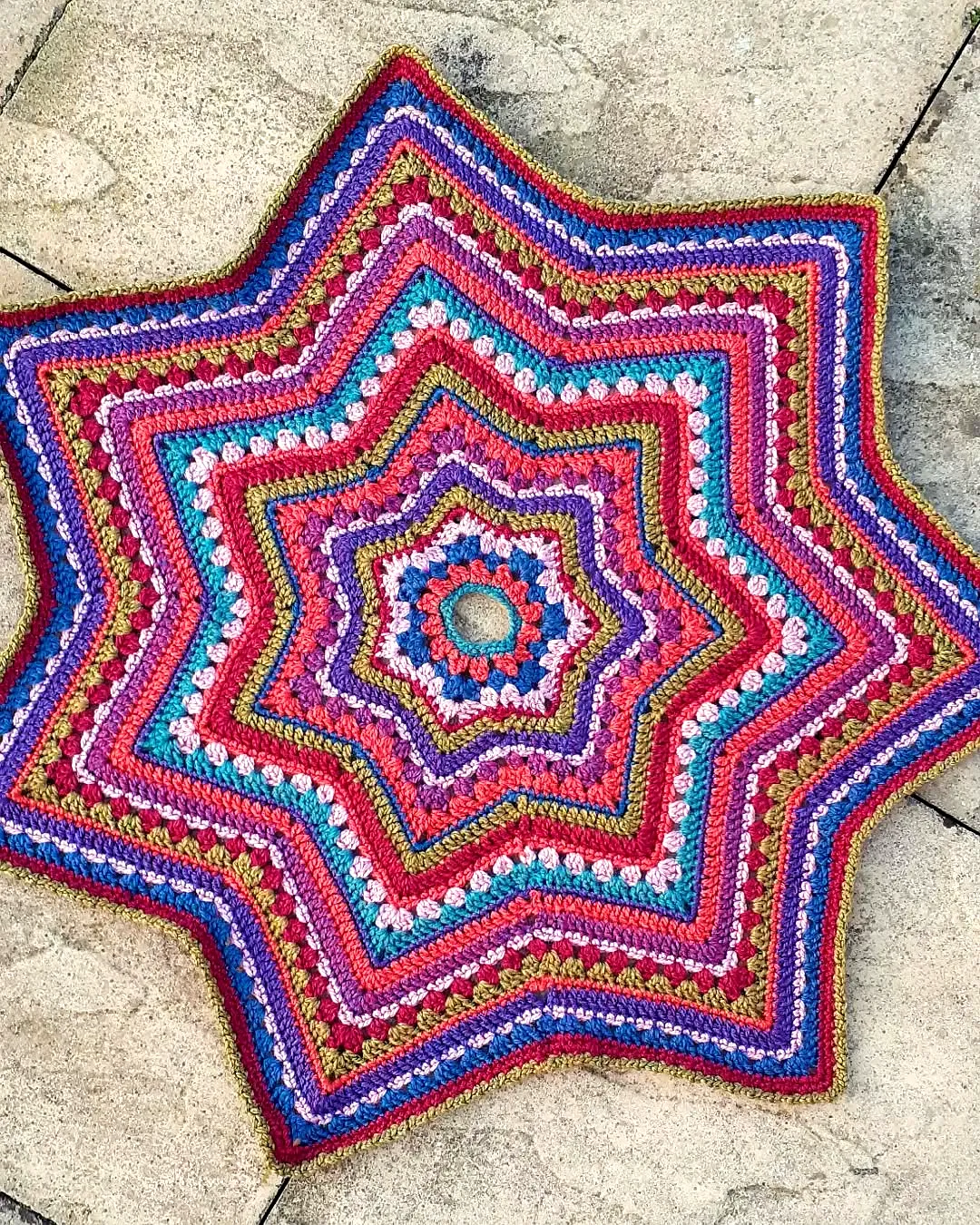 Vibrant Crochet Christmas Tree Skirt in Pink Blue and Gold