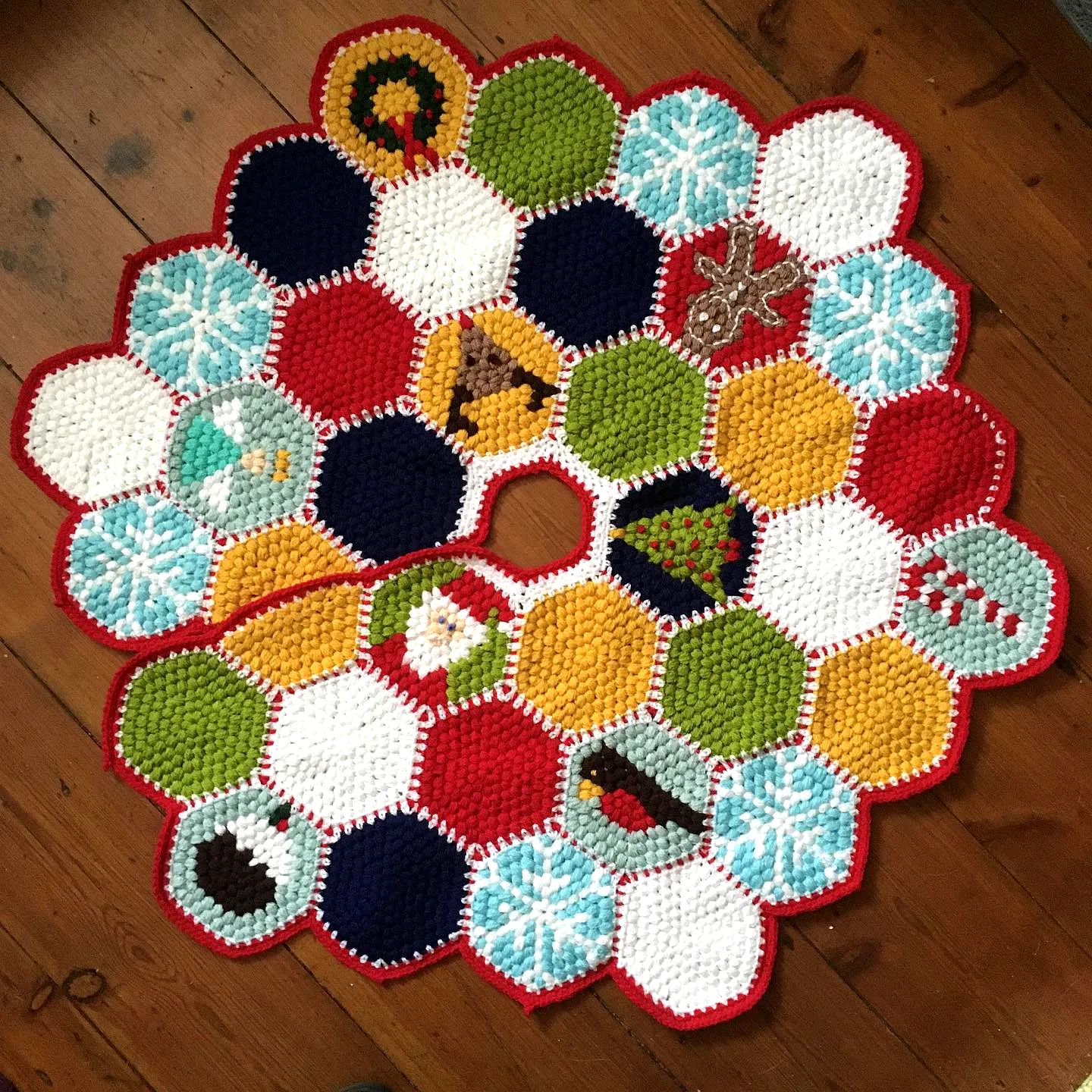 Vibrant Crochet Christmas Tree Skirt with Colorful Hexagons