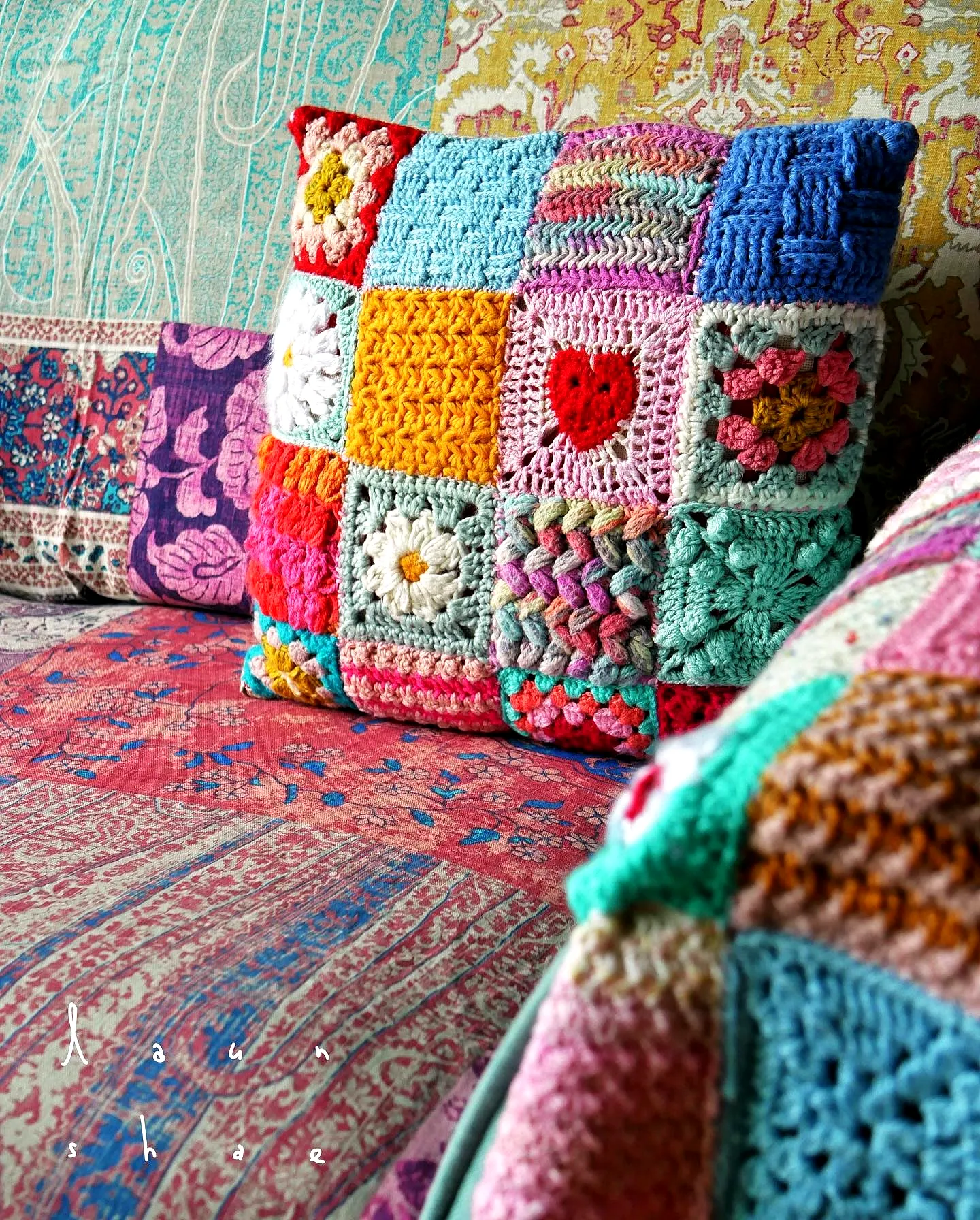 Vibrant Crochet Cushion Cover in Colorful Patchwork Style