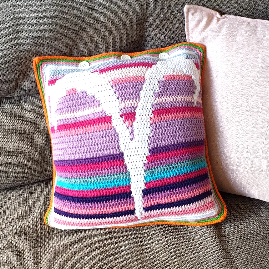 Vibrant Crochet Cushion Cover with Colorful Stripes and Letter Design
