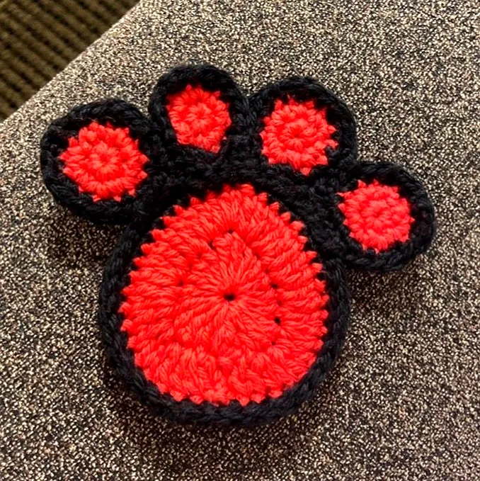 Vibrant Crochet Dog Paw Print Applique in Red and Black