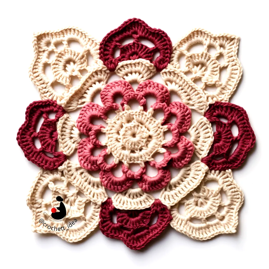 Vibrant Crochet Doily with Floral Motif in Cream Maroon Pink