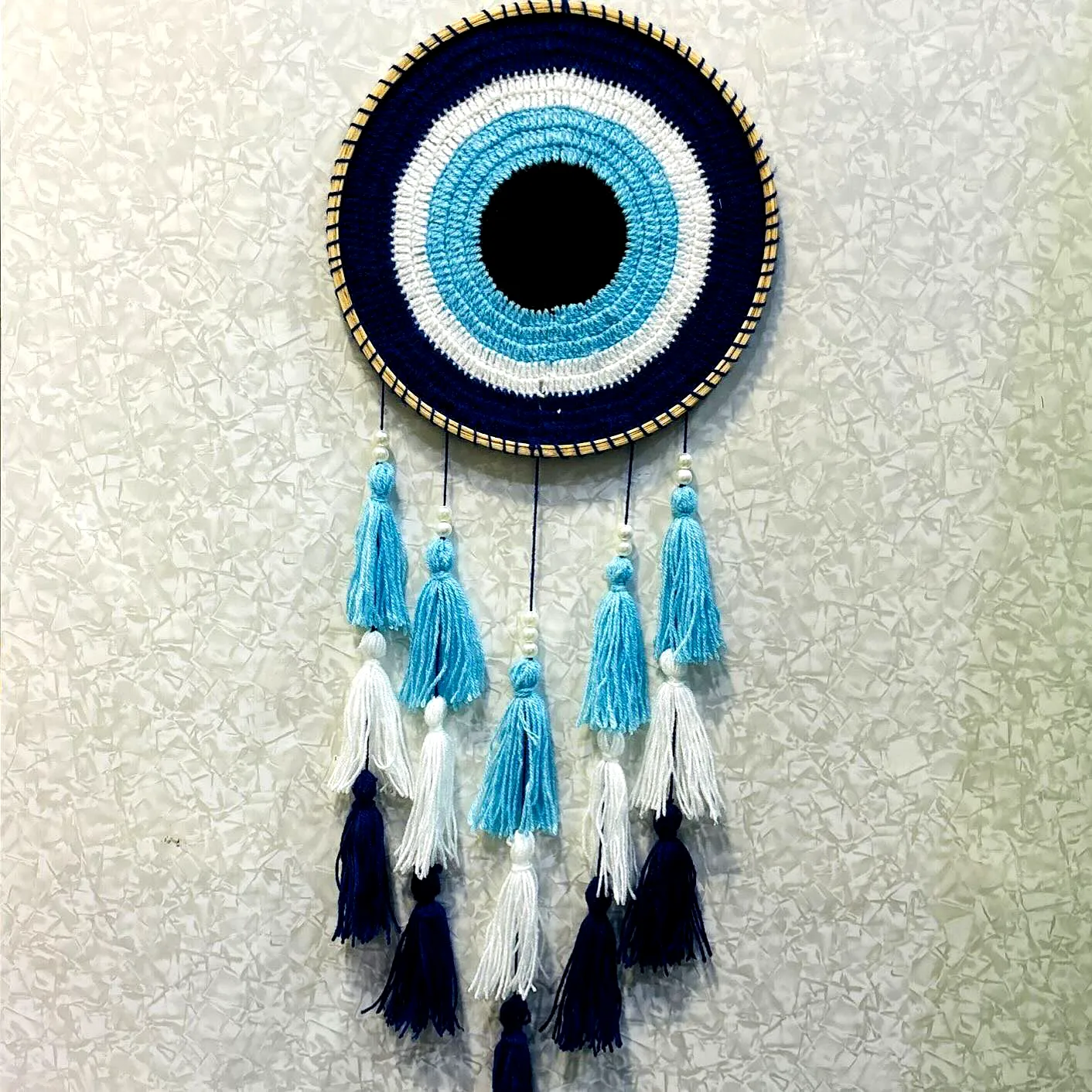 Vibrant Crochet Dream Catcher in Navy Blue and Turquoise