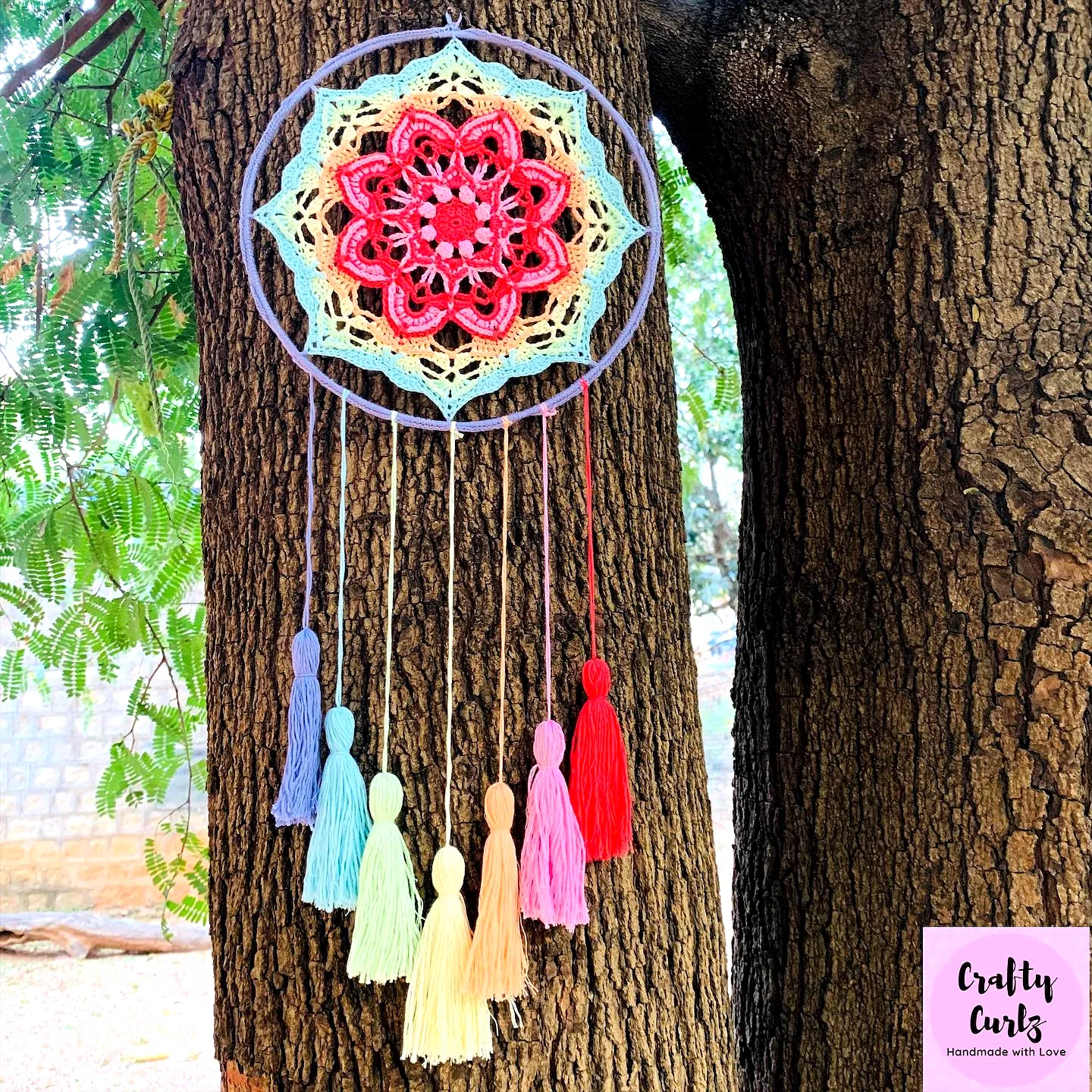 Vibrant Crochet Dream Catcher with Floral Design and Tassels