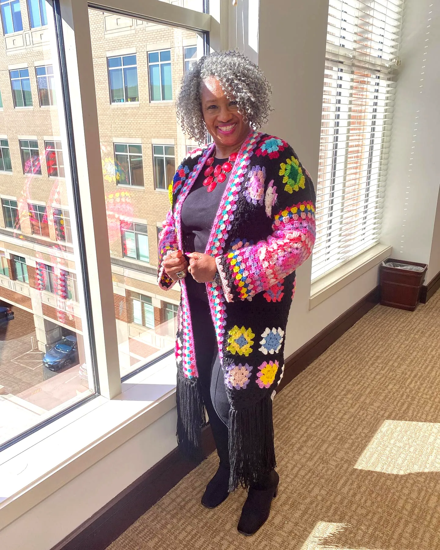 Vibrant Crochet Duster with Granny Squares and Fringes