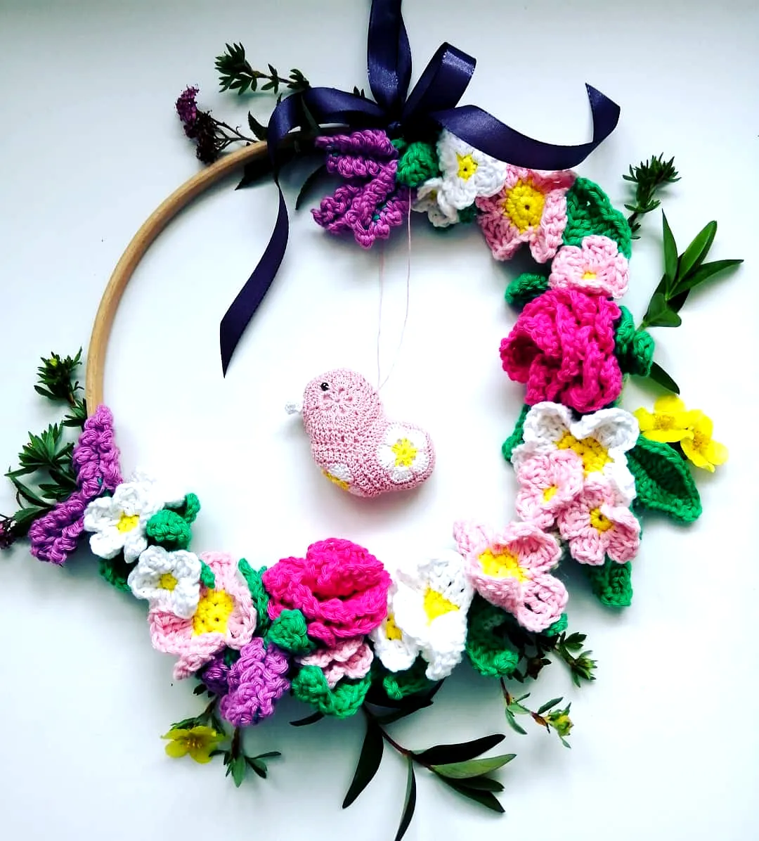Vibrant Crochet Floral Wreath with Cute Bird
