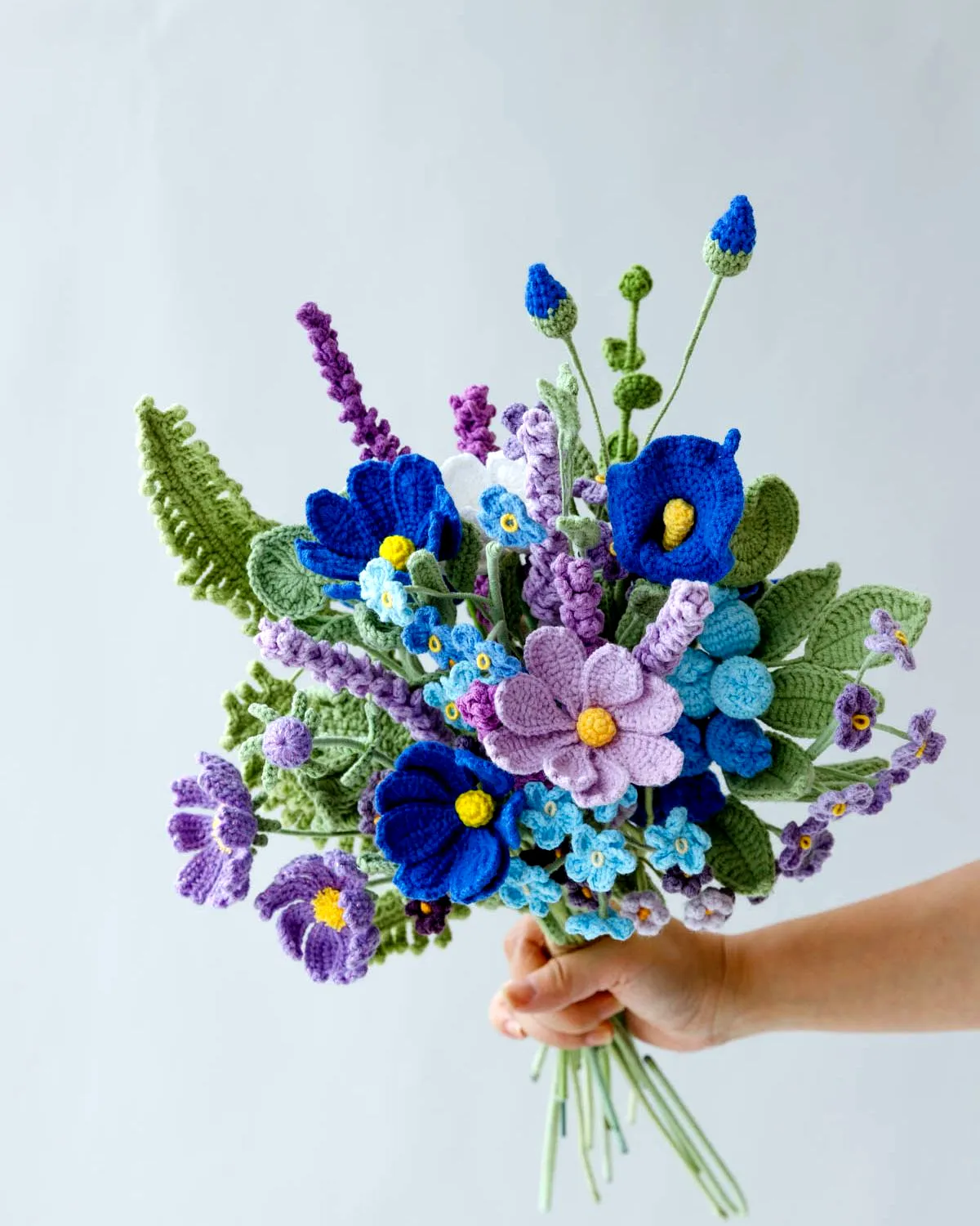 Vibrant Crochet Flower Bouquet in Blue Purple and Green Shades