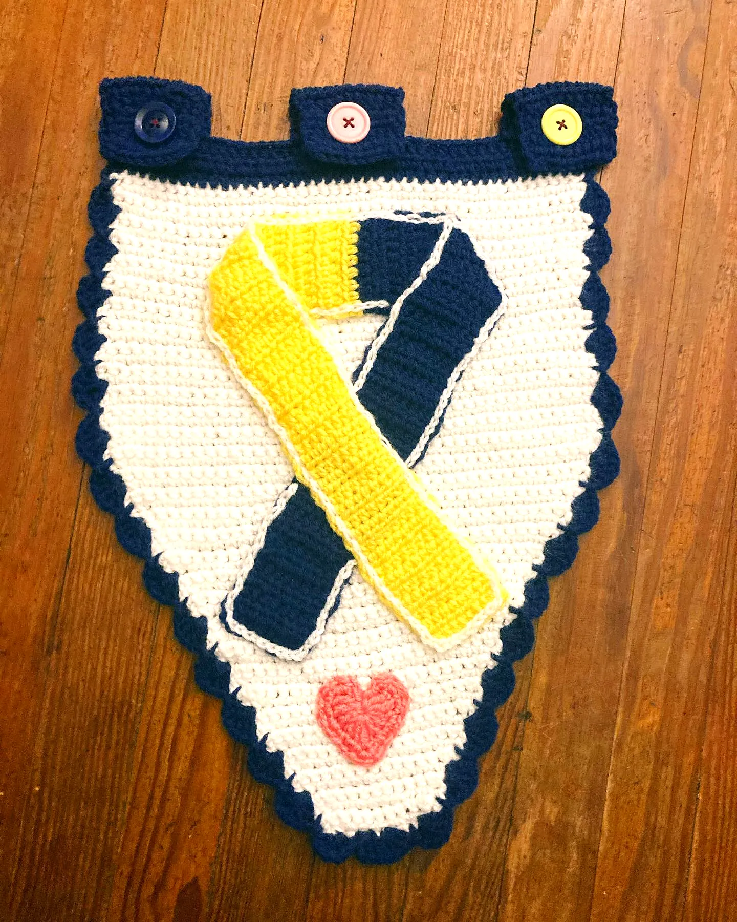 Vibrant Crochet Garden Flag with Heart Accent and Colorful Buttons