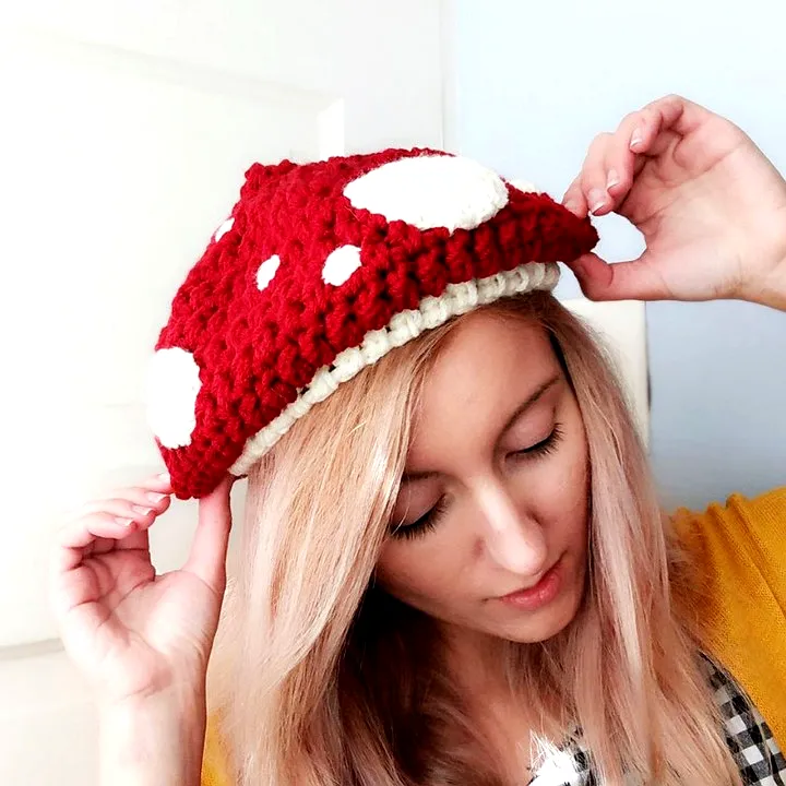 Vibrant Crochet Gnome Hat in Red with Mushroom Design