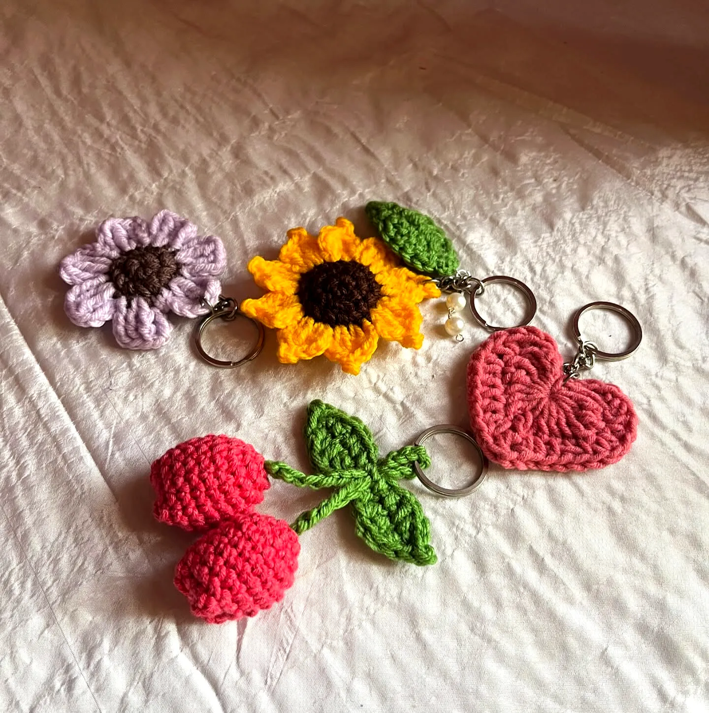 Vibrant Crochet Keychain Set with Flower and Heart Designs