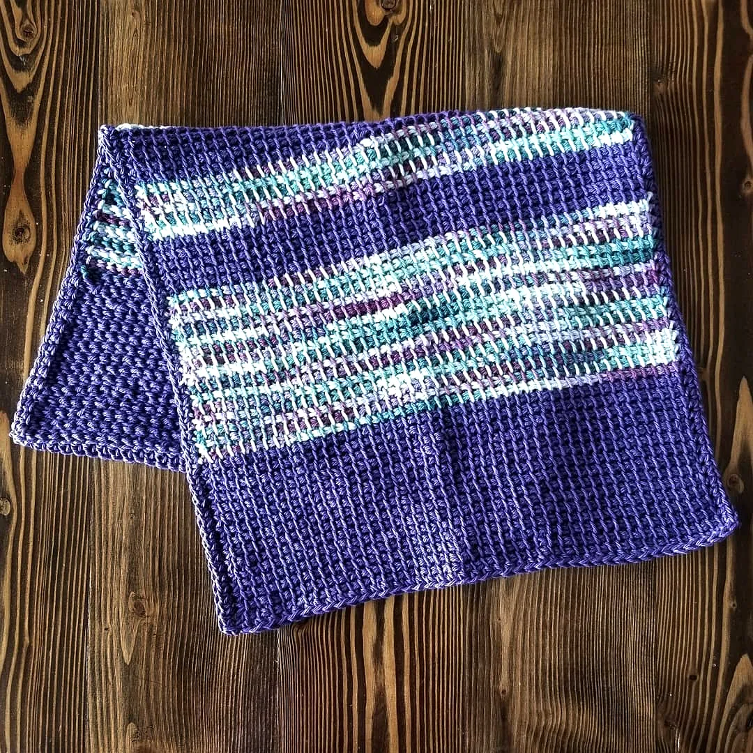 Vibrant Crochet Kitchen Towel in Striped Purples and Teal