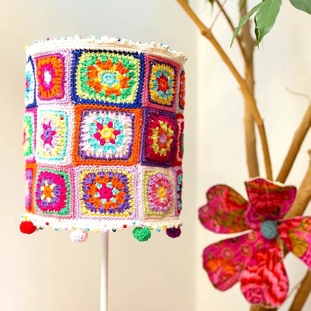 Vibrant Crochet Lampshade Featuring Colorful Granny Squares