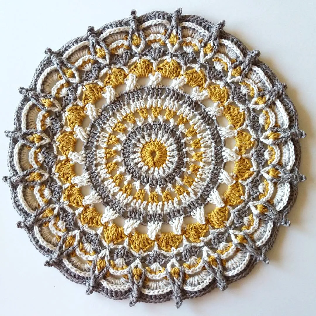 Vibrant Crochet Mandala in Yellow Gray and White