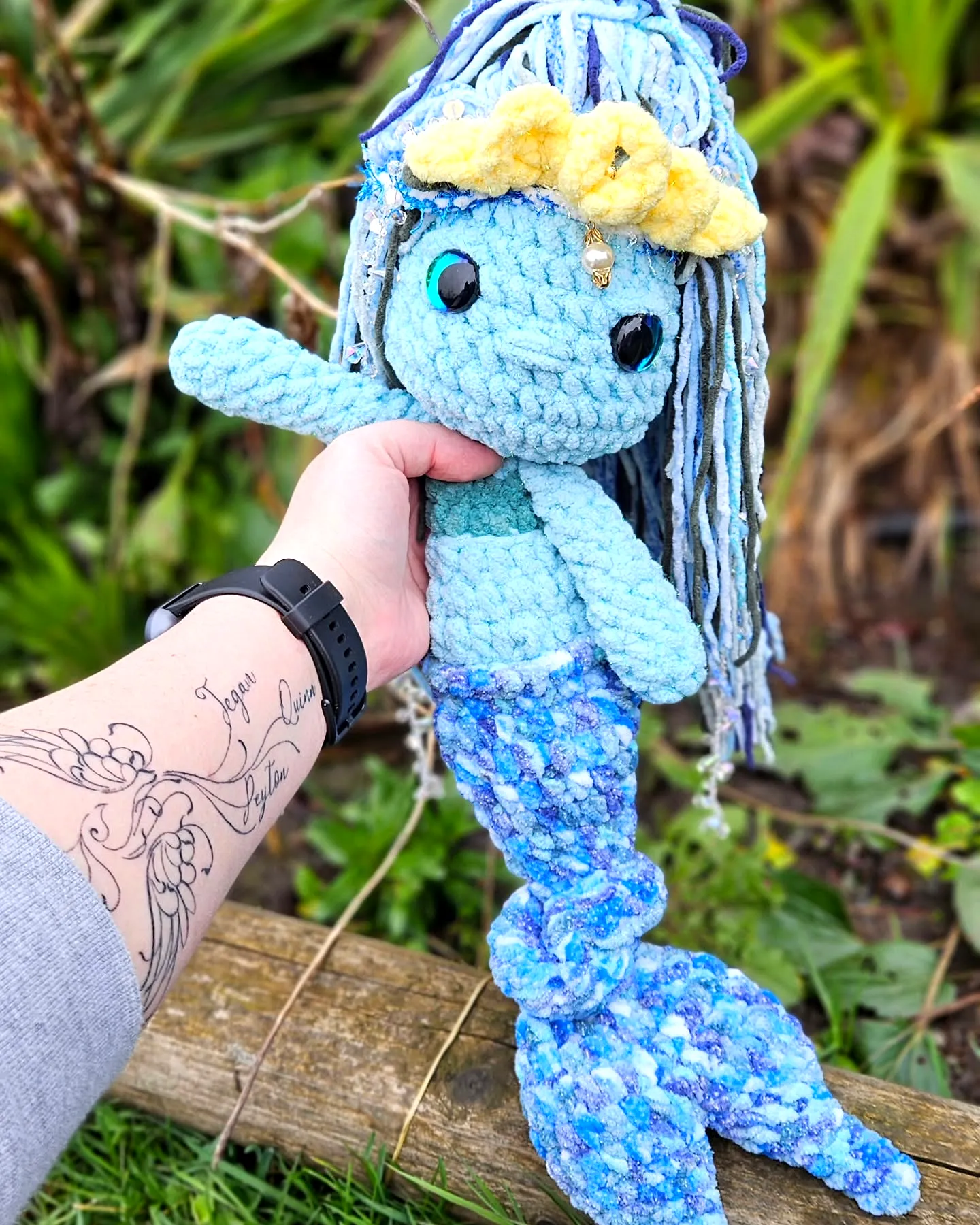 Vibrant Crochet Mermaid Doll in Colorful Blue and Yellow