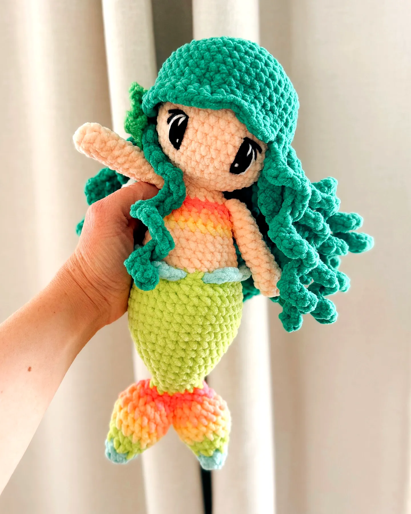 Vibrant Crochet Mermaid Doll with Colorful Tail and Green Hair
