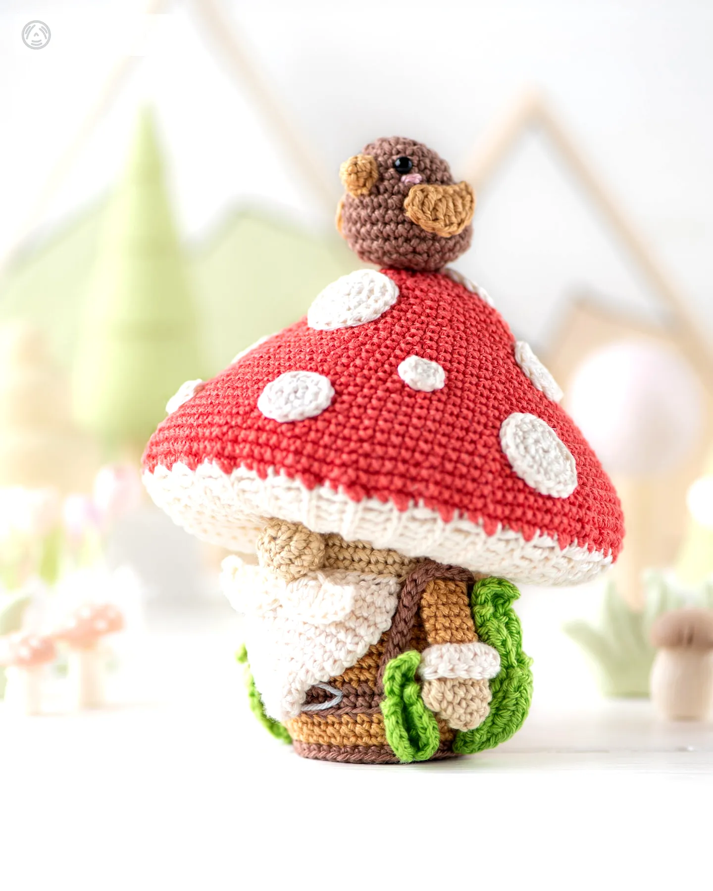 Vibrant Crochet Mushroom Decor with Bird