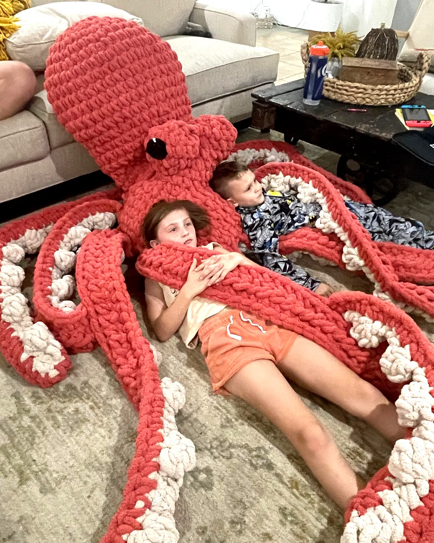 Vibrant Crochet Octopus Plush Toy in Coral and Cream Colors